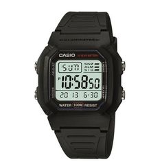 The Casio Men's Classic Digital Sport Watch W800H-1AVfeatures an intuitive design that makes it easy-to-use for on-the-go athletes. The timepiece is constructed with a durable resin case, a stationary black resin bezel, and a black resin band with an adjustable buckle clasp. A durable mineral window shields the square digital-gray dial face, which features a digital time display along with the day, date, and month. The watch also includes light, mode, and adjust buttons that allow you to persona Classic Black Digital Watch With 10atm Water Resistance, Black Digital Watch With Stopwatch And Rectangular Dial, Classic Digital Watch With Stopwatch For Outdoor, Classic Outdoor Digital Watch With Stopwatch, Black Chronograph Watch With Alarm, Classic Black Digital Watch With Stopwatch, Classic Outdoor Watch With Stopwatch, Classic Black Watch With Stopwatch, Classic Black Watch Accessories With Stopwatch