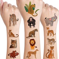 an arm with different animal tattoos on it's arms and two hands holding each other