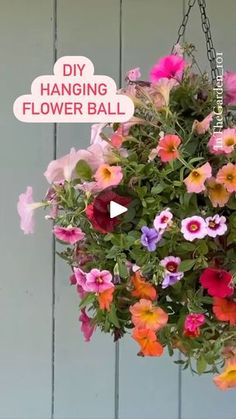 a hanging flower ball filled with pink and purple flowers