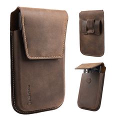 a brown leather case with two clippings on the front and one in the back