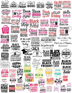 black friday typograms are shown in pink, yellow and green colors on a white background