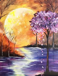 an acrylic painting of trees and water at sunset