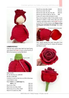 instructions for crocheted doll with red dress and flower