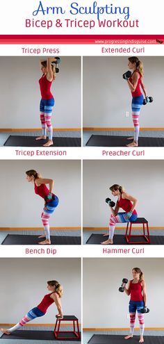 a woman is doing exercises with dumbs on her legs and arms, while standing on a chair