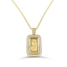 "14K Yellow Gold 1 Gram Ingot Pendant Necklace With Diamond Frame Lady Fortuna Ingot Great way of wearing your Lady Fortuna gift on your neck. Fortūna, equivalent to the Greek goddess Tyche, is the goddess of fortune and luck in Roman empire. Total Carat 0.47ct - 36 Small Round Diamonds Weight without chain 4.1 grams Weight with chain 6.4 grams Height 2.09 cm Width 1.45 cm Depth 0.15 cm Chain option comes with a 18\" Rolo Chain. You can also purchase the ingot by itself." Lady Fortuna, Goddess Of Fortune, Necklace With Diamond, Diamond Frame, Gold Bar, Greek Goddess, Rolo Chain, Roman Empire, Gold Pendant