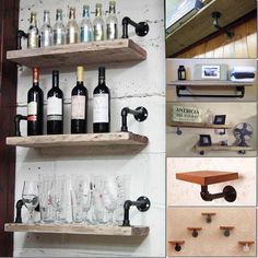 there are several different shelves with wine bottles and glasses on them, along with other items