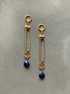 18k gold plated lever back earrings with black brass, tarnish resistant brass and lapis. 3.5” length. Brass Jewelry Design, Turquoise Stone Jewelry, Forever Jewelry, Earrings Inspiration, Handmade Wire Jewelry, Funky Jewelry, Upcycled Jewelry, Brass Jewelry, Fashion Mode