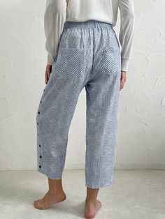 Casual Striped Loose Pants | justfashionnow High Waist Baggy Capris With Elastic Waistband, Baggy High Waist Capris With Elastic Waistband, Casual Daywear Bottoms With Button Closure, Casual Bottoms With Button Closure For Daywear, Baggy Straight Capris With Elastic Waistband, Casual Baggy Pants With Buttons, Casual Ankle-length Pants With Buttons, Summer Straight Pants With Button Closure, Blue Bottoms With Button Closure For Daywear