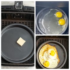 three pictures show eggs being cooked in an air fryer and melting butter on the griddle