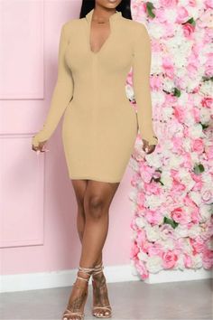 Solid Color Long Sleeve Zipper Dress Fabulous Style, Vogue Dress, Casual White Dress, Zipper Dress, Perfect Prom Dress, Women Long Sleeve Dress, Half Skirt, Solid Color Dress, High Quality Dress