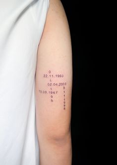 a person with a tattoo on their arm that has numbers and times printed on it