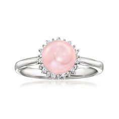 Ross-Simons - 7-7.5mm Pink Cultured Pearl Ring, Diamond Accents in Silver. Size 6. An elegant look priced to please, this pretty 7-7.5mm pink cultured freshwater button pearl ring features a sparkling halo of diamond accents. Crafted in polished sterling silver. 3/8" wide. Pink pearl ring. Pearl birthstones are the perfect gift for June birthdays. Pink Pearl Ring For Wedding, Elegant Pink Pearl Round Ring, Classic Pink Cabochon Rings, Pink Pearl Ring, Cultured Pearl Ring, Silver Pearl Ring, Pearl Jewelry Set, Pearl Birthstone, Ring Pearl