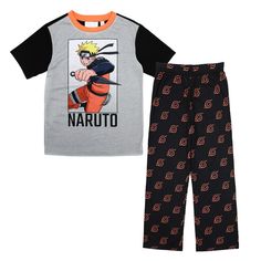 Bring your kids' favorite anime characters to bedtime with this comfy pajama set. The set includes a gray and black t-shirt with an image of Naruto and a black pair of sleep pants decorated with an orange leaf symbol representing Hidden Leaf village. Kids will love to celebrate Naruto with these comfy pajamas. Boys Pajama Pants, Hidden Leaf Village, Village Kids, Leaf Symbol, Naruto Merchandise, Leaf Village, Naruto T Shirt, Comfy Pajamas, Pajama Day