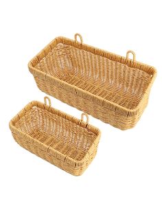 two wicker baskets sitting next to each other on a white background, one is empty and the other has no handles