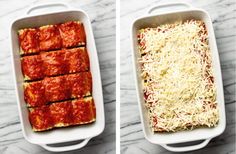 two images showing how to make lasagna casserole with meat and cheese