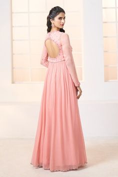 Peach anarkali with floral embroidered yoke and sleeves. Comes with scattered embroidered, lace trim dupatta and plain churidar. - Aza Fashions Pink Long Sleeve Anarkali Set For Reception, Floor-length Anarkali Choli In Peach, Fitted Peach Anarkali Set, Designer Peach Floor-length Dress, Peach Anarkali Floor-length Dress, Peach Floor-length Anarkali Set, Pink Long Sleeve Choli With Mirror Work, Pink Long Sleeve Georgette Gown, Peach Georgette Anarkali Set