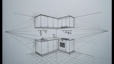 a drawing of a kitchen with an oven and sink