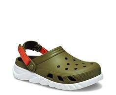 Crocs Duet Max II Men's/Women's Clog Stay on-trend with the Duet Max II unisex Clog by Crocs. Made from durable Croslite™ material featuring ventilation ports that can be customized with Jibbitz™ charms, this Clog has easily adjustable hook & loop straps for a perfect fit. The Dual Crocs Comfort footbed provides lasting support and cushioning for all-day wear. Synthetic upper  Slip-On with hook/loop straps  Dual Crocs Comfort footbed  Traction outsole Crocs Clogs, Rack Room Shoes, Rack Room, Womens Clogs, Clogs, Perfect Fit, Charms, Slip On, How To Wear