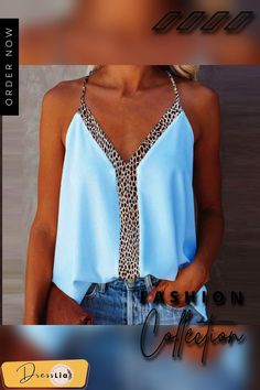 Summer Top Women's Sling Blouses Femme Sexy V Neck Leopard Print Femme Backless Spaghetti Strap Sleeveless Casual Tops Halter Summer V-neck Camisole With Straps, Summer Stretch Halter Neck Camisole, Summer Sleeveless Camisole With Suspenders, Vacation Sleeveless Halter Top, Vacation Sleeveless Straps Halter Top, Sleeveless Halter Top With Straps For Vacation, Halter Neck Camisole For Beach With Straps, Trendy Summer Camisole With Straps, Sleeveless Straps Halter Top For Vacation