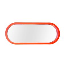 an orange oval shaped mirror on a white wall with red trim around the edges and bottom edge