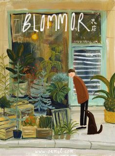 a painting of a man and his dog in front of a flower shop with plants