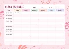 a class schedule with pink flowers and hearts on the side, in front of a pink background