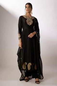 Black embroidered anarkali in chanderi base with zardosi and pearl embroidery and paisley motif work. Comes with a matching organza dupatta with zardosi work. - Aza Fashions Unstitched Anarkali Set With Intricate Embroidery, Designer Kundan Anarkali Set With Intricate Embroidery, Designer Anarkali Set With Intricate Embroidery In Georgette, Anarkali Set In Art Silk With Intricate Embroidery, Art Silk Anarkali Set With Intricate Embroidery, Anarkali Churidar With Intricate Embroidery, Anarkali Salwar Kameez With Intricate Embroidery For Navratri, Anarkali Set With Intricate Embroidery, Intricate Embroidered Anarkali Set For Festivals