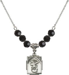 18" Rhodium Plated Necklace With 6mm Jet Crystal Beads Featuring A Sterling Silver St. Michael The Archangel Medal. Long Cross Necklace, Jet Crystal, St Michael The Archangel, Rose Gold Black Diamond, Michael The Archangel, Gold Lariat Necklace, Long Chain Earrings, Dior Earrings, Round Dangle Earrings