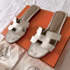 Hermes Size 38, White Oran Leather Slides. Authentic . Comes With Box And Duster Bags Hermes Shoes, Leather Slides, Women's Shoes Sandals, Slides, Shoes Sandals, Color White, Size 7, Women Shoes, Leather