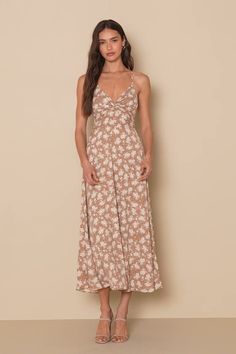 Create beautiful memories that you'll want to look over and over again with the Lulus Picturesque Moments Brown Floral Print Strappy Maxi Dress! This flowy maxi is composed of woven fabric (with a white and brown floral print throughout) that shapes a V-neckline and adjustable spaghetti straps that crisscross across an open back and tie at the waist. A twist-front bodice atop an empire waist continues to an A-line silhouette that ends at a flowy maxi hem. Hidden back zipper. Fit: This garment fi Cruise Dresses, Cruise Dress, Brown Floral Print, Strappy Maxi Dress, Lulus Dresses, Story Board, Adhesive Bra, Beautiful Memories, Cup Sizes