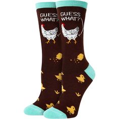 PRICES MAY VARY. CHICKEN SOCKS FOR WOMEN - Our black farm animal socks feature free-roaming chicks and a hen, along with a funny saying, "GUESS WHAT?" knitted into the design. SIZE - One size fits most. Our women's crazy socks are designed to fit shoe sizes 6-12 and sock sizes 8-13. EXQUISITE SOFTNESS: Made with a super soft cotton blend, ensuring a comfy stretch for most calf sizes. CHICKEN GIFTS FOR CHICKEN LOVERS - These chicken socks for women make a perfect gift for chicken owners or farmers, such as your mom or grandmother on Mother's Day or Easter. They can also be gifted to teenage girls who adore these handsome chickens as a fun and sassy Christmas stocking stuffer. Gifts For Chicken Lovers, Chicken Socks, Avocado Gifts, Fruit Socks, Donut Socks, Sloth Socks, Avocado Socks, Bee Sock, Taco Gifts