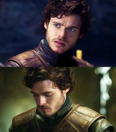 two different pictures of the same man in armor, one with blue eyes and one with brown hair