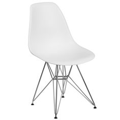 a white plastic chair with metal legs