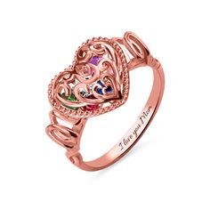 Engraved "MOM" Heart Cage Ring With Birthstones In Rose Gold Rose Gold Birthstone Heart Ring For Promise, Rose Gold Birthstone Heart Promise Ring, Adjustable Heart-shaped Birthstone Ring For Valentine's Day, Valentine's Day Adjustable Heart Birthstone Ring, Rose Gold Heart Ring With Birthstone For Gift, Valentine's Day Heart-shaped Birthstone Ring, Rose Gold Birthstone Promise Ring For Valentine's Day, Metal Rings For Anniversary On Valentine's Day, Heart-shaped Rose Gold Birthstone Ring