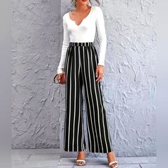 Elegant Striped Wide Leg Pants For Women - Comfortable Elastic Waist Pants For Spring & Summer Black Striped Pants, Jumpsuits Elegant, Snap Pants, Curvy Pants, Casual Linen Pants, Boutique Pants, Wrap Pants, Cropped Linen Pants, Striped Wide Leg Pants