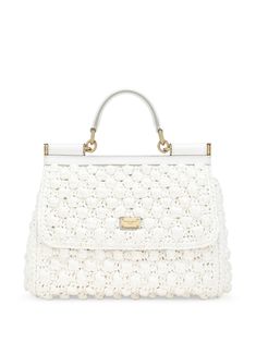 white crochet panelling leather trim interwoven design gold-tone logo plaque gold-tone hardware single flat top handle adjustable detachable shoulder strap foldover top with magnetic fastening main compartment internal zip-fastening pocket Chanel 2, Straw Bags, Dolce E Gabbana, Van Cleef Arpels, Ballet Flat Shoes, Dolce & Gabbana, Handle Bag, Lady Dior, Hermes Birkin