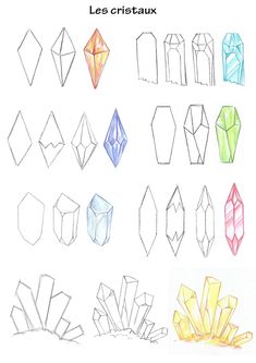 the different shapes and sizes of crystals are shown in this drawing lesson, which shows how to draw them with colored pencils