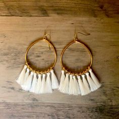 Adorable White Fringe Earrings. Never Worn, I Just Decided They Aren’t Quite My Style. Will Be So Cute For Fall! White Bohemian Teardrop Earrings For Pierced Ears, Bohemian White Teardrop Hoop Earrings, White Teardrop Bohemian Hoop Earrings, White Bohemian Teardrop Earrings, Handmade White Teardrop Earrings For Party, White Bohemian Hoop Earrings For Party, White Fringe Earrings, Cottagecore Jewelry, Gold Earrings Wedding