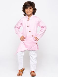 JBN CREATION Boys' Pink Cotton Silk Kurta and Pyjama Set Pink Cotton Sleepover Set, Cotton Long Sleeve Pant Set For Eid, Long Sleeve Cotton Pant Set For Eid, Festive Long Sleeve Loungewear Pant Set, Casual Festive Loungewear Set, Pink Long Sleeve Tops For Eid, Long Sleeve Pink Top For Eid, Festive Long Sleeve Loungewear Sets, Pink Cotton Playwear Sets