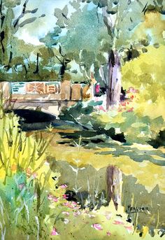 a watercolor painting of a bridge over a river with trees and flowers in the foreground