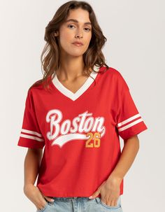 Rsq Boston V-Neck Tee. Graphic Screened On Front, And Two Stripes On The Sleeves Give It A Sporty Edge. Features A Ribbed V-Neckline And Relaxed Fit. 100% Cotton. Machine Wash. Imported. Model Is Wearing A Size Small. Model Measurements:height: 5'8" Bust: 34"waist: 25"hips: 37.5" College V-neck Graphic Print T-shirt, Sporty V-neck Top For College, Sporty V-neck T-shirt For Loungewear, Varsity Tops For College In Spring, Varsity Tops For College Spring Season, Red Relaxed Fit V-neck T-shirt, Spring Varsity Tops For College, Sporty V-neck Tops For Loungewear, Varsity Tops With Text Print