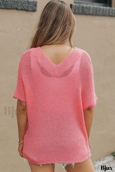 Bjux - Top de punto holgado con cuello en V y medias mangas, de favorecedor ajuste Pink Textured Knit V-neck Sweater, Beach V-neck Textured Knit Top, Pink V-neck Open Knit Sweater, Beach V-neck Stretch Knit Top, Pink Stretch V-neck Sweater, V-neck Pointelle Knit Top For Layering, Casual V-neck Sweater For Beach, V-neck Open Knit Sweater For Vacation, Casual Soft Knit V-neck Top