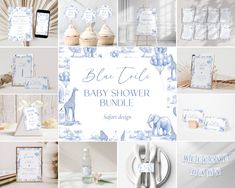 blue and white baby shower items are displayed