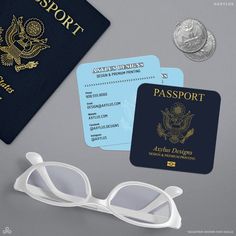 an american passport, sunglasses and money on a gray background with clippings for text