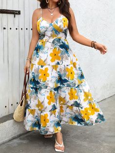 Plus Size Women's Vacation Floral Printed Tie-Up Strap Dress Multicolor Boho  Sleeveless Woven Fabric Floral,Plants,All Over Print Cami Non-Stretch  Women Plus Clothing, size features are:Bust: ,Length: ,Sleeve Length: Plus Size Vacation Dresses, Summer Dresses For Plus Size Women, Plus Size Sun Dresses, Floral Midi Dress Summer, Plus Size Boho Clothing, Spaghetti Strap Summer Dress, Chic Dress Classy, Plus Size Summer Dresses, Dressy Casual Outfits