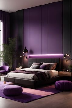 a bed room with a neatly made bed and purple carpeted flooring next to a large window