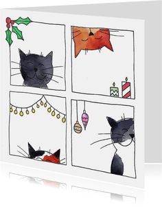 a christmas card with three cats looking out the window and one cat sitting in front of it