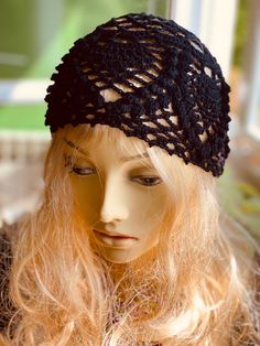 Black Beanie Crochet, Crochet Mesh Hat, Pineapple Stitch, Gift Crochet, Beanie Crochet, Beanie Black, Hat Handmade, Black Beanie, Mesh Hat