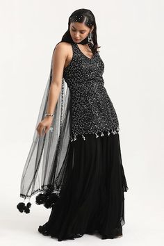 Black padded kurta with bead sequin embroidered stripe patterns and bead tassels. Comes with solid frill hem sharara and tasselled dupatta. - Aza Fashions Bead Tassels, Kurta Sharara Set, Kurta Sharara, Women Kurta, Sharara Set, Set Women, Beaded Tassels, Embroidered Silk, Black Silk