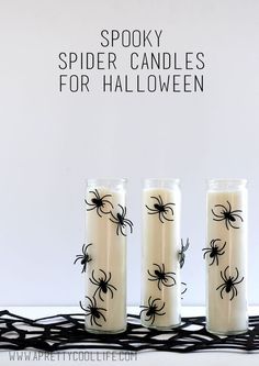 three candles decorated with black spider webpages and the words spooky spider candles for halloween